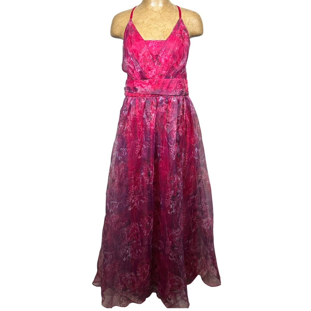 Lulus XL Pink Floral Chiffon Maxi Dress Sleeveless V-Neck Backless Formal Gown